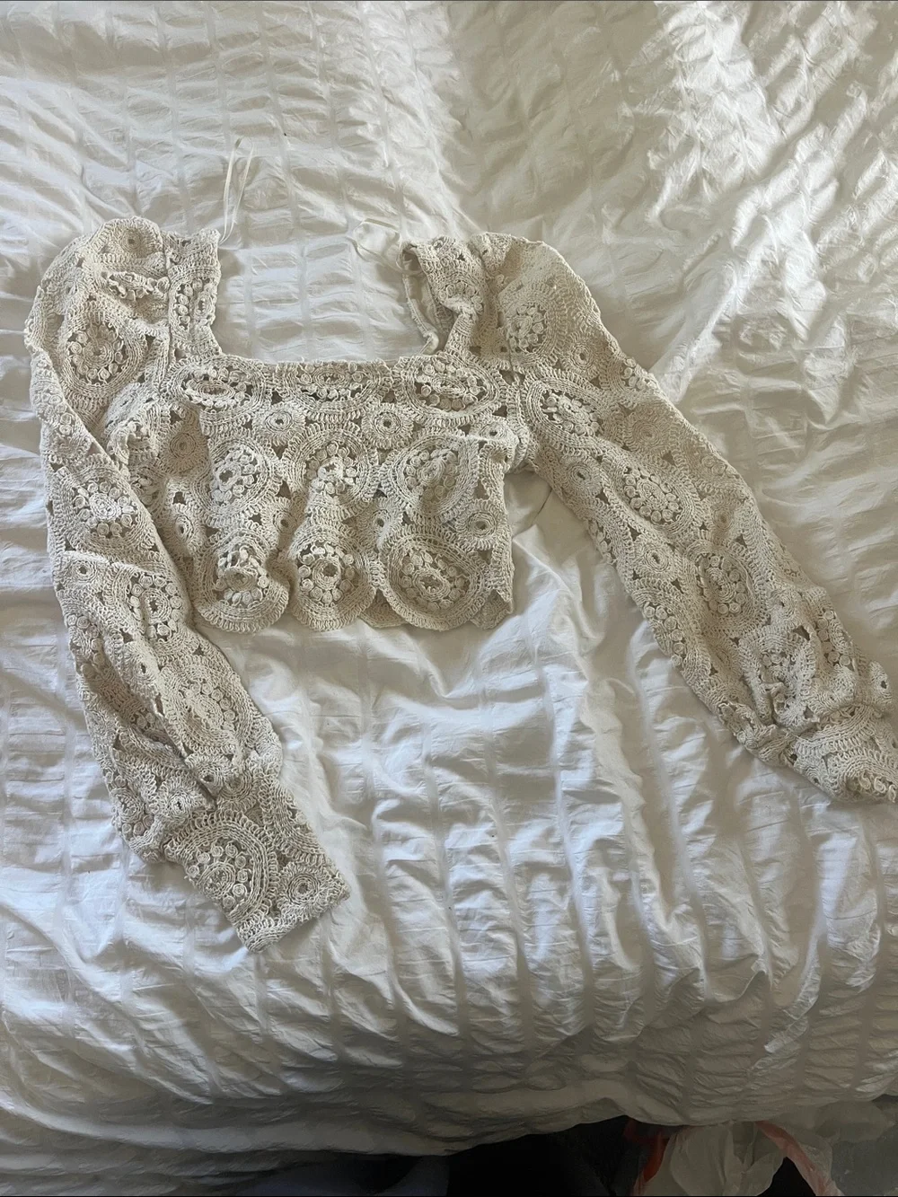 Zara Crochet Square-Neck Long Sleeve Crop Top - Cream. Size Small.